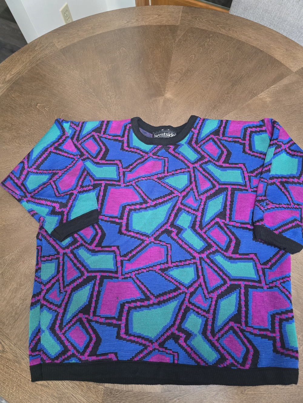 Vintage 80s 90s Westside Geometric Knit Sweater Boxy Crewneck Distressed L